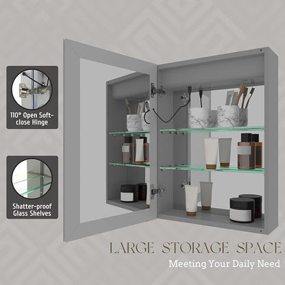 20×28 Inch Bathroom Medicine Cabinet with Lights, LED Medicine Cabinet with Mirror, Lighted Bathroom Mirror Cabinet with Storage, Digital Clock & Temp Display, Surface Mount
