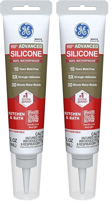 GE Advanced Silicone Caulk for Kitchen & Bathroom, White, 2.8 fl oz Tube, 2 Pack - 100% Waterproof Silicone Sealant, 5X Stronger Adhesion, Shrink & Crack Proof