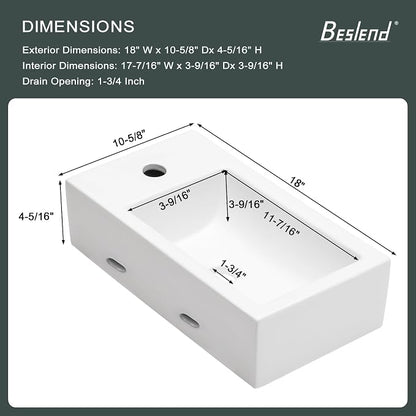 Wall Mount White Ceramic Bathroom Sink | Beslend 18x10 Small Wall Mounted Rectangle Sink White Porcelain Sink with Single Faucet Hole Wall Hung Hand Wash Art Basin