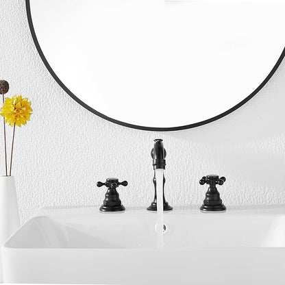 GGStudy Black Bathroom Faucet 2 Handles 3 Holes Faucet 8 inch Widespread Bathroom Sink Faucet Tap Mixer Supply Hose Included Matching Metal Pop Up Drain