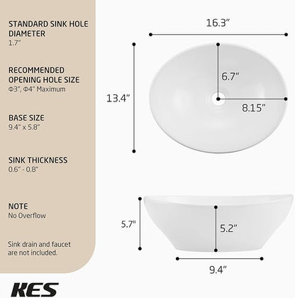 KES Bathroom Vessel Sink, 16" x 13" Oval Vessel Sink for Bathroom Vanity Countertop, Glossy White Ceramic Bowl Sink Egg Shape Above Counter, Modern Look, Crafted to Endure, BVS124