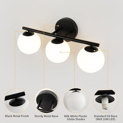 foucasal Black 3-Light Globe Bathroom Vanity Light Fixture Over Mirror | G9 Socket, Plastic Milk Globe Shades, 4.72" Base, 10W Max, Adjustable Up/Down Light, Mid Century Style for Bathroom Bedroom