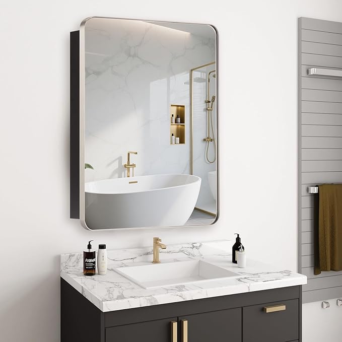20’’x26’’ Medicine Cabinet,Metal Framed Medicine Cabinet Mirror with Round Corner,Recessed and Surface Mount Bathroom Mirror with Storage, Removeable Shelves,Sliver