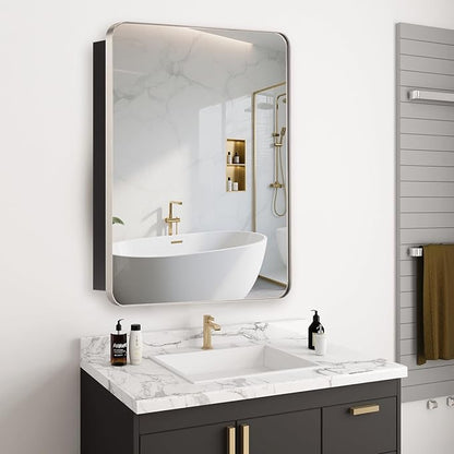 20’’x26’’ Medicine Cabinet,Metal Framed Medicine Cabinet Mirror with Round Corner,Recessed and Surface Mount Bathroom Mirror with Storage, Removeable Shelves,Sliver