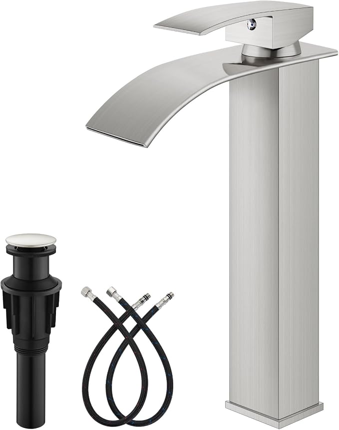 gotonovo Modern Waterfall Tall Bathroom Faucet 1 Hole, Brushed Nickel | Vessel Sink Faucet Single Handle 304 Stainless Steel,Pop Up Drain,24" cUPC Supply Line,for Lavatory Vanity Restroom Basin RV