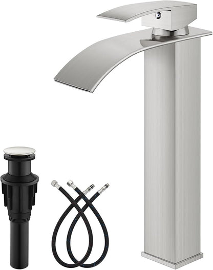 gotonovo Modern Waterfall Tall Bathroom Faucet 1 Hole, Brushed Nickel | Vessel Sink Faucet Single Handle 304 Stainless Steel,Pop Up Drain,24" cUPC Supply Line,for Lavatory Vanity Restroom Basin RV