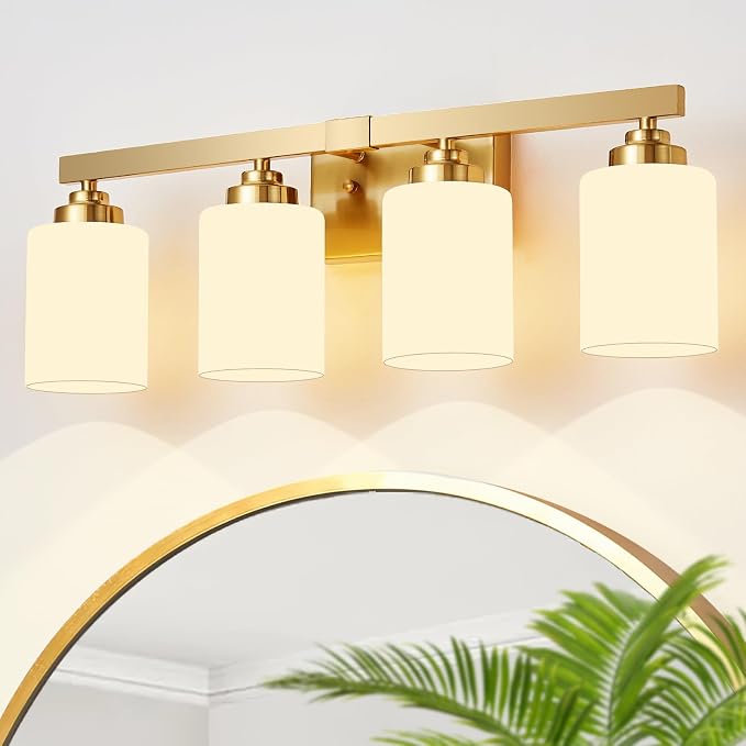 Bathroom Light Fixtures, Vanity Light Over Mirror Gold 4-Light Fixture | Modern bathroom vanity light fixture with metal frame, ideal for mirrors, bedrooms and hallways. Fits E26 bulbs.