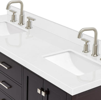 DKB Beckford 66" Espresso Double Bathroom Vanity, 1.5" Carrara White Quartz Countertop, Dual Rectangular Undermount Sinks, 4 Soft Closing Shaker Doors, 6 Full Extension Dovetail Drawers