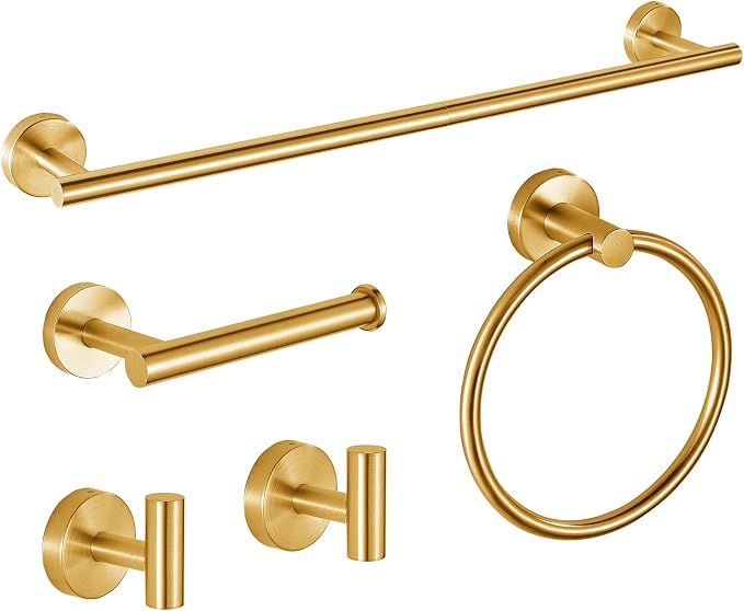 5-Piece Bathroom Hardware Set, Gold SUS304 Stainless Steel Bathroom Accessories Kit, Includes 24" Towel Bar, Toilet Paper Holder, Towel Ring & 2 Robe Hooks, Wall Mounted, Rustproof Modern Design