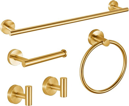 5-Piece Bathroom Hardware Set, Gold SUS304 Stainless Steel Bathroom Accessories Kit, Includes 24" Towel Bar, Toilet Paper Holder, Towel Ring & 2 Robe Hooks, Wall Mounted, Rustproof Modern Design