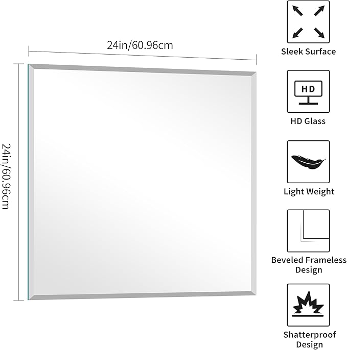 KOCUUY Beveled Square Mirror, 24x24 Inch Frameless Bathroom Mirror for Over Sink, Upgraded Shatterproof Beveled Unframed Design Mirror for Bathroom, Bedroom, Hang Horizontal/Vertical