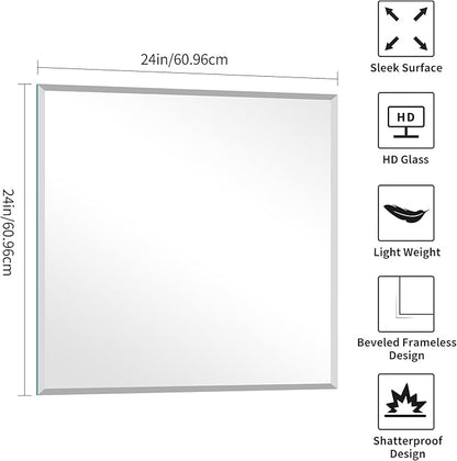 KOCUUY Beveled Square Mirror, 24x24 Inch Frameless Bathroom Mirror for Over Sink, Upgraded Shatterproof Beveled Unframed Design Mirror for Bathroom, Bedroom, Hang Horizontal/Vertical