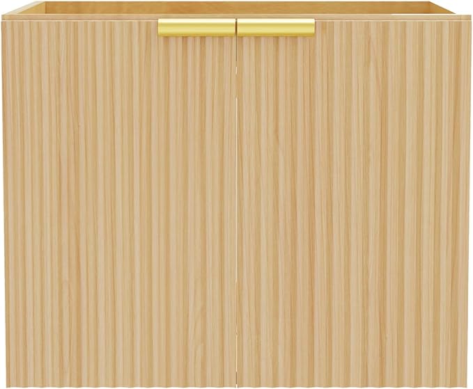 Modern Bathroom Vanity Without Sink, Floating Wall Mount Cabinet with Wavy Textured Doors, Waterproof Storage for Small Bathroom, Soft-Close Design, Nature Wood (Nature Without Sink, 24")