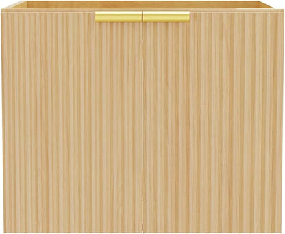Modern Bathroom Vanity Without Sink, Floating Wall Mount Cabinet with Wavy Textured Doors, Waterproof Storage for Small Bathroom, Soft-Close Design, Nature Wood (Nature Without Sink, 24")