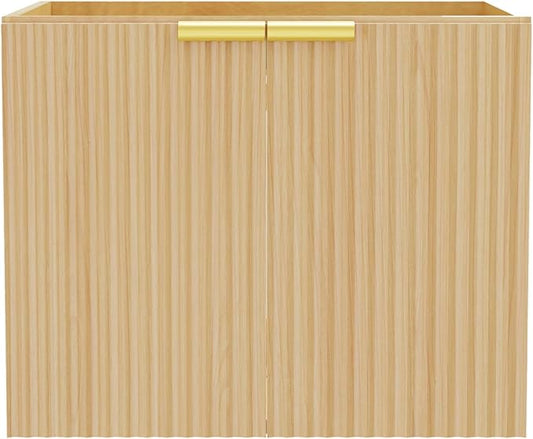 Modern Bathroom Vanity Without Sink, Floating Wall Mount Cabinet with Wavy Textured Doors, Waterproof Storage for Small Bathroom, Soft-Close Design, Nature Wood (Nature Without Sink, 24")