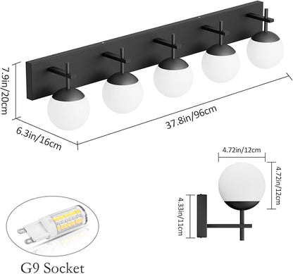 Ralbay Mid Century Modern Vanity Light 5-Light Matte Black Bathroom Wall Lighting Fitures Black Milky Glass Globe Vanity Light for Bathroom (Exclude Bulb)