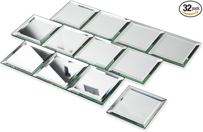 32 Pcs Mirror Peel and Stick Tile, Silver, 3x3 Inch, Beveled Mirror Square Kitchen Backsplash Bar Bathroom Wall Tile
