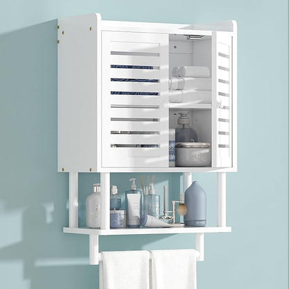 Bathroom Wall Cabinet, Over The Toilet Storage Cabinet with Adjustable Shelves, White Medicine Cabinets with Towel Bar, Bamboo Wall Mounted Hanging Cabinet with 2 Door for Laundry Room, White