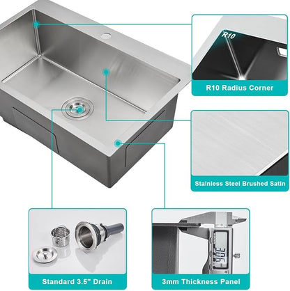 28x18 Inch Drop-in Kitchen Sink 18 Gauge Stainless Steel | Single Bowl Single Hole Topmount Sink with Brushed Finish, 28"x18"x9" Large Basin for Family Kitchen, Bar and Prep Area