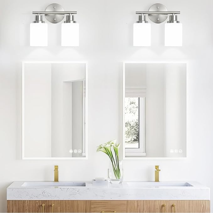 2-Light Vanity Lights, Brushed Nickel Bathroom Light Fixture with Striped Textured Milky White Glass Shade, E26 Modern Vanity Lighting Fixture for Bathroom Wall Sconce Light Over Mirror