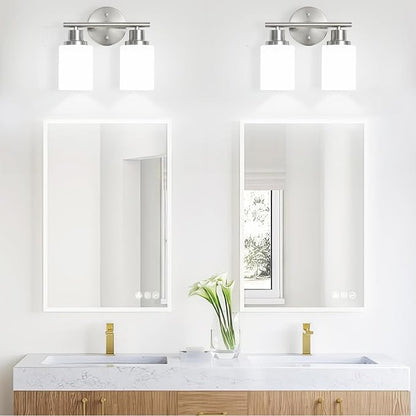 2-Light Vanity Lights, Brushed Nickel Bathroom Light Fixture with Striped Textured Milky White Glass Shade, E26 Modern Vanity Lighting Fixture for Bathroom Wall Sconce Light Over Mirror