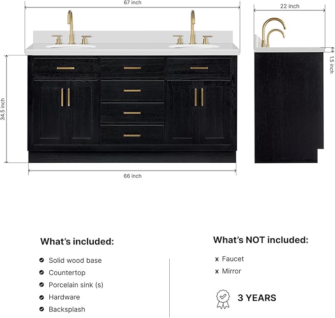 ARIEL Hepburn 66-inch Bathroom Vanity with Sink,Solid Wood, 1.5-inch Pure White Quartz Countertop & Backsplash, Double Oval Porcelain Sink, 4 Soft Closing Doors, 6 Dovetail Drawers, Black Oak