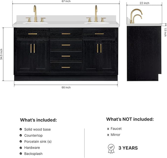 ARIEL Hepburn 66-inch Bathroom Vanity with Sink,Solid Wood, 1.5-inch Pure White Quartz Countertop & Backsplash, Double Oval Porcelain Sink, 4 Soft Closing Doors, 6 Dovetail Drawers, Black Oak
