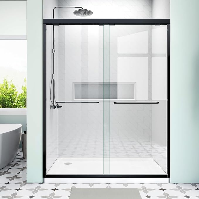 Semi-Frameless Glass Shower Door 50-54'' W x 72'' H with 4'' Adjustable Rail,Bathroom Double Sliding Door with 1/4'' Clear Tempered Glass,Matte Black 304 Stainless Steel Hardware
