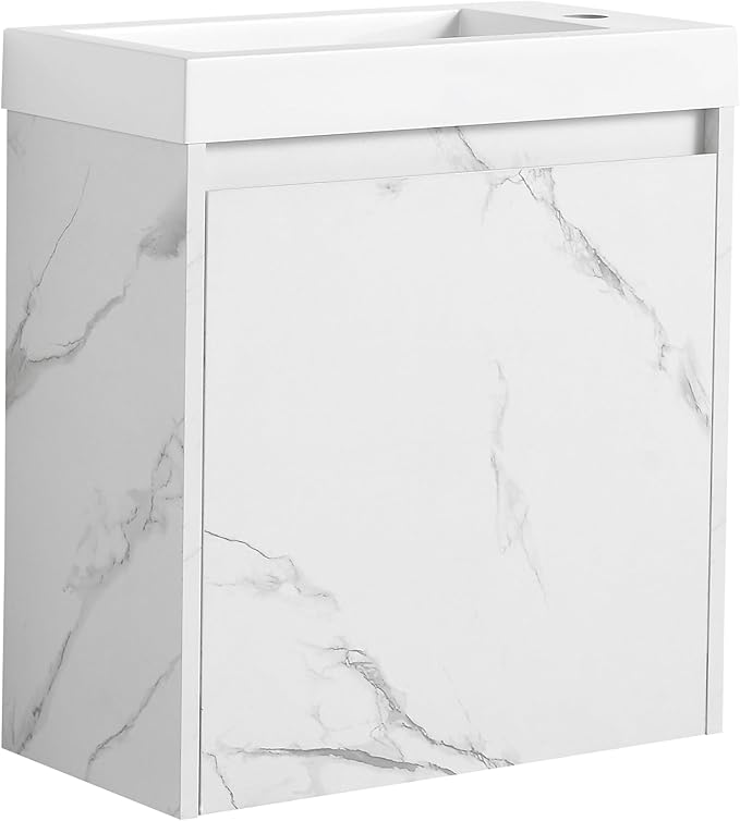 20" Small Floating Bathroom Vanity with White Marble Grain Flat Door and Storage