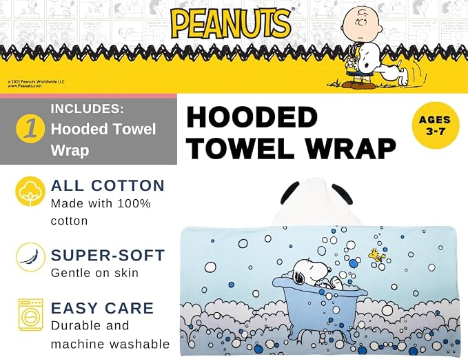 Peanuts Snoopy Bubble Bath Kids Super Soft Bath/Pool/Beach Soft Cotton Terry Hooded Towel Wrap, 24 in x 50 in, (Officially Licensed Product) by Franco