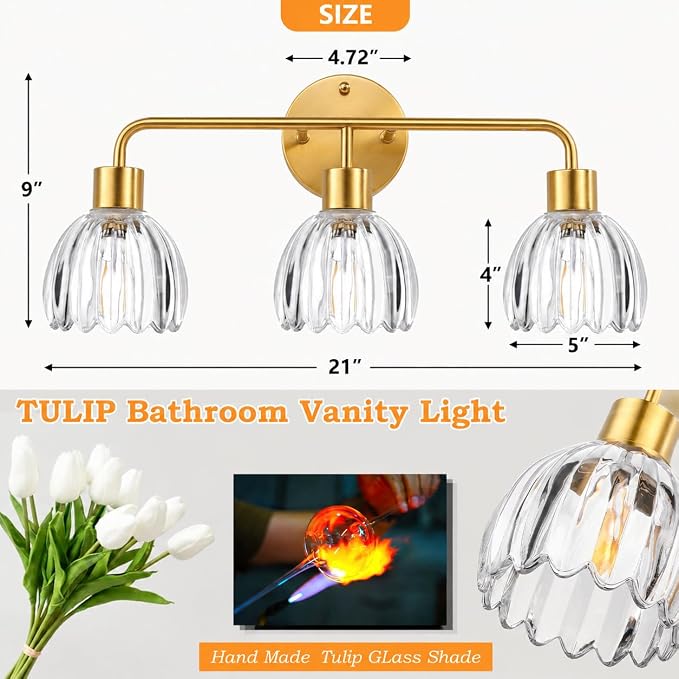 3-Light Gold Brass Bathroom Light Fixture with Clear Tulip Glass Shade,Wall Sconces,Vintage Vanlity Light Over Mirror,Bathroom Wall Light,E26 Socket(Bulbs Not Included)