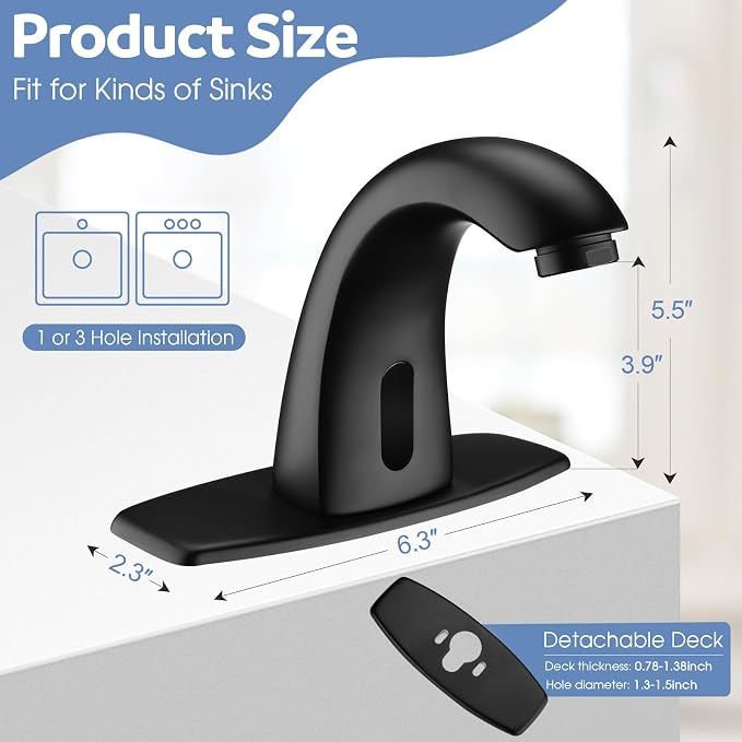 Touchless Bathroom Sink Faucets, Automatic Motion Sensor Sink Faucet with Hole Cover Deck Plate, Commercial Sink Faucet for Bathroom (Black)