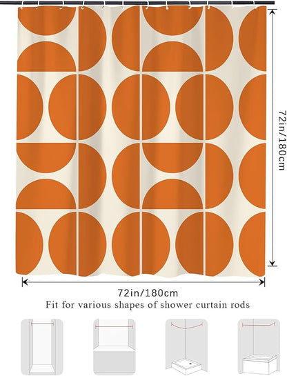 Orange Mid Century Modern Shower Curtain, Boho Abstract Geometric Retro Art Bath Curtains For Bathroom, Colorful Unique Pattern Waterproof Polyester Fabric Bathroom Accessories Set 12 Hooks 60X72IN