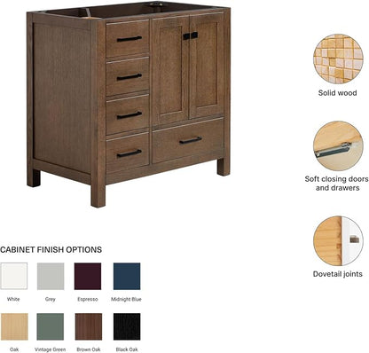 ARIEL Cambridge 36-inch Bathroom Vanity Base Cabinet,Solid Wood, 2 Soft Closing Doors, 5 Dovetail Drawers, Brown Oak
