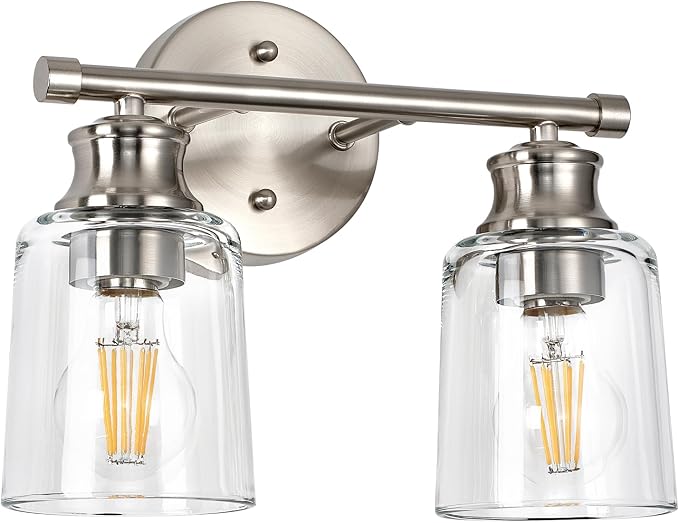 Bathroom Light Fixtures Over Mirror, 2 Lights Vanity Lights with Clear Glass Shade, 12.1" Brushed Nickel Farmhouse Bathroom Wall Light Fixtures for Bedroom, Hotel, Mirror Cabinet