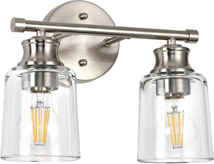 Bathroom Light Fixtures Over Mirror, 2 Lights Vanity Lights with Clear Glass Shade, 12.1" Brushed Nickel Farmhouse Bathroom Wall Light Fixtures for Bedroom, Hotel, Mirror Cabinet