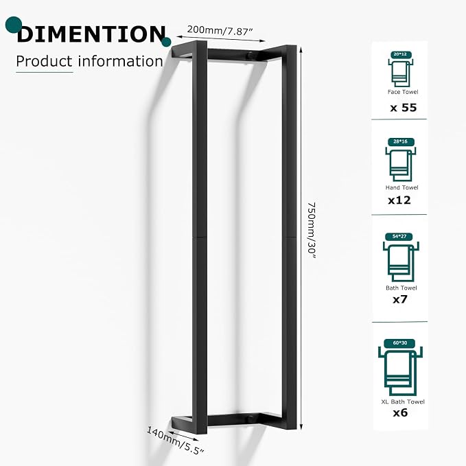 2 Pack Wall Mounted Towel Racks for Rolled Towels | 304 Stainless Steel Towel Storage Rack for Bathroom, 30 Inch Bath Towel Holder Matte Black