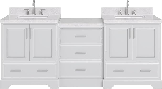 ARIEL Stafford 84-inch Bathroom Vanity with Sink,Solid Wood, 1.5in Italian Carrara Marble Countertop & Backsplash, Double Rectangular Porcelain Sink, 4 Soft Closing Doors, 5 Dovetail Drawers, Grey
