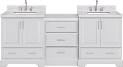 ARIEL Stafford 84-inch Bathroom Vanity with Sink,Solid Wood, 1.5in Italian Carrara Marble Countertop & Backsplash, Double Rectangular Porcelain Sink, 4 Soft Closing Doors, 5 Dovetail Drawers, Grey