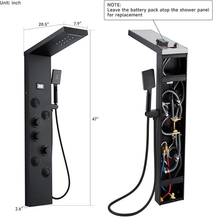 MEANTT LED Lights Shower Panel Tower - Waterfall Rainfall Shower Panel Tower System with 4 Body Jets - 5-in-1 Multifunction Shower Column - Matte Black Stainless Steel Shower Tower with Handheld