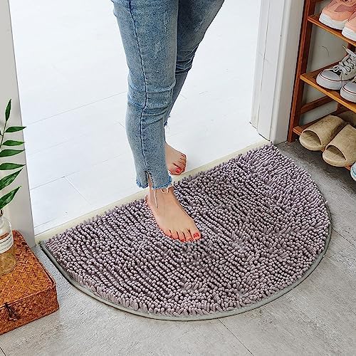 Half Round Bath Mat Grey Bathroom Rugs Semicircle Chenille Bath Rugs Water Absorbent Floor Mats for Kids Washable Bathroom Shower Mat Area Rugs (19.2" x 31.1")