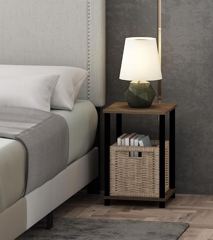 Furinno Turn-N-Tube Night Stand, 2-Tier Open Shelf Design Nightstand, Toolless Square Bedside Table, End Table, Side Table, for Bedroom, Closet, Dorm, Walnut