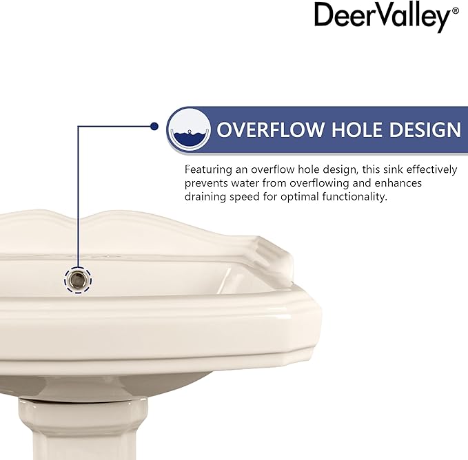DeerValley 23x19 Inch Bone Pedestal Sink Combo, Ceramic Pedestal Sink for Bathroom with Overflow and 3 Faucet Holes, DV-1P522BN