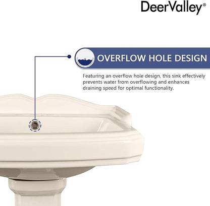 DeerValley 23x19 Inch Bone Pedestal Sink Combo, Ceramic Pedestal Sink for Bathroom with Overflow and 3 Faucet Holes, DV-1P522BN