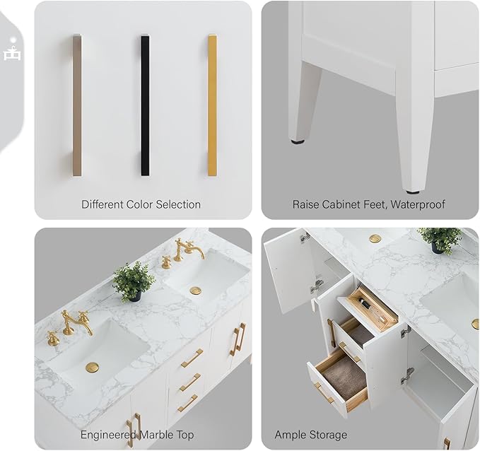 Vanity Art 60 inch Bathroom Vanity with Double Sink & Ceramic Top, Vanity Cabinet with Soft-Closing Doors, Drawers, Solid Wood Frame, White, VA9060-DW-GB1