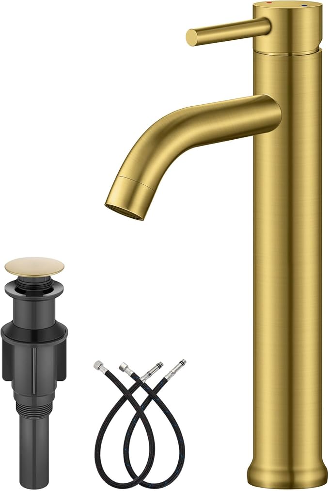 Aolemi Vessel Sink Faucet – SUS304 Stainless Steel Tall Bathroom Faucet,Single Lever Handle,1 Hole Bathroom Faucets with Supply Lines and Pop Up Drain,Gold