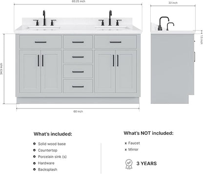 ARIEL Hepburn 60-inch Bathroom Vanity with Sink,Solid Wood, 1.5-inch Carrara White Quartz Countertop & Backsplash, Double Rectangular Porcelain Sink, 4 Soft Closing Doors, 6 Dovetail Drawers, Grey