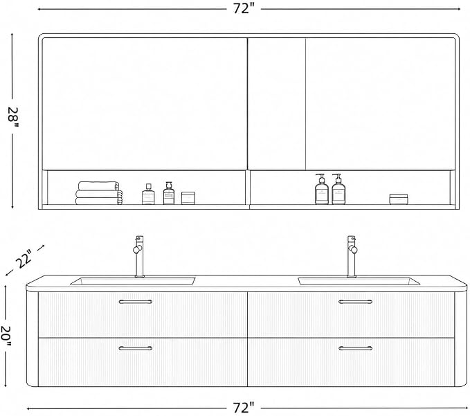 72 in Double Bathroom Vanity with Sinks - Modern Floating Bathroom Vanity with Solid Wood Cabinet, Anti-Fog Mirror and Integrated Stone Sinks | Wall Mounted Design | Ample Storage