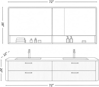 72 in Double Bathroom Vanity with Sinks - Modern Floating Bathroom Vanity with Solid Wood Cabinet, Anti-Fog Mirror and Integrated Stone Sinks | Wall Mounted Design | Ample Storage