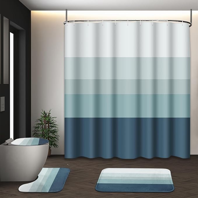 Bathroom Sets with Shower Curtain and Rugs, 4 Pcs, Striped Ombre | Minimalist Modern Neutral Bathroom Decor Set with Toilet Lid Cover, Non-Slip Bath Mats and Accessories 12 Hooks